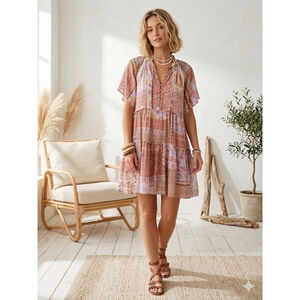 Karlie Bohemian Coastal Patchwork Tiered mini Dress